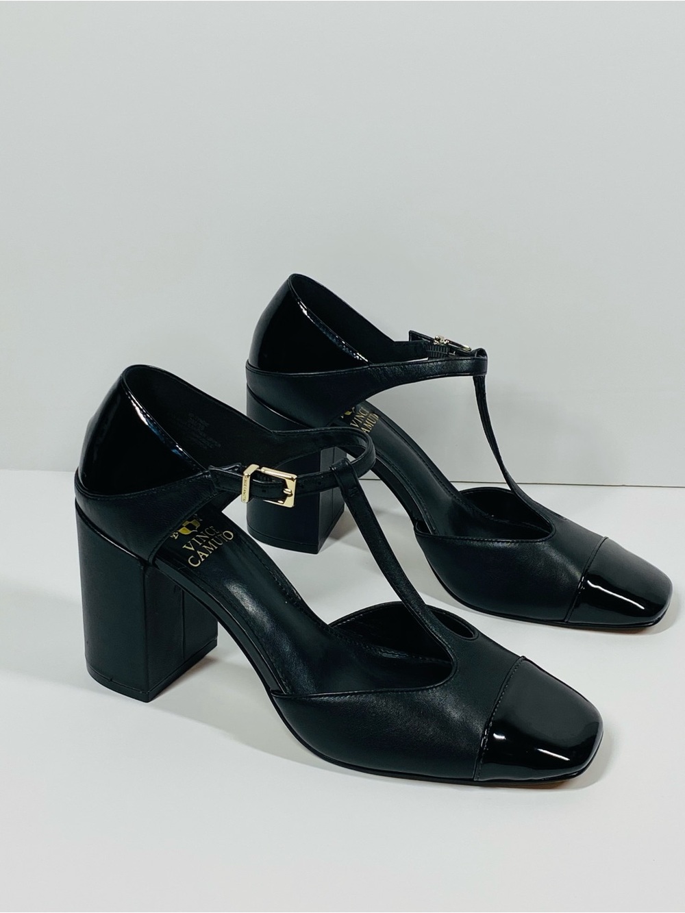 Vince Camuto Black T-Strap Block Heel Pumps with Patent Cap Toe